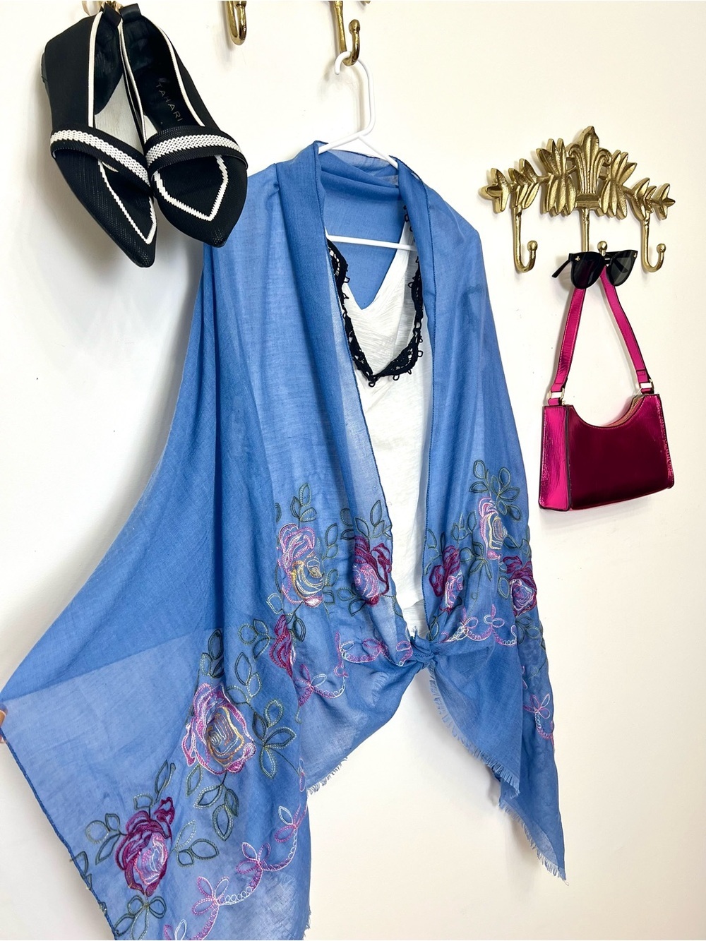 100% cotton Blue Floral Embroidered Women’s Scarf /Shawl
